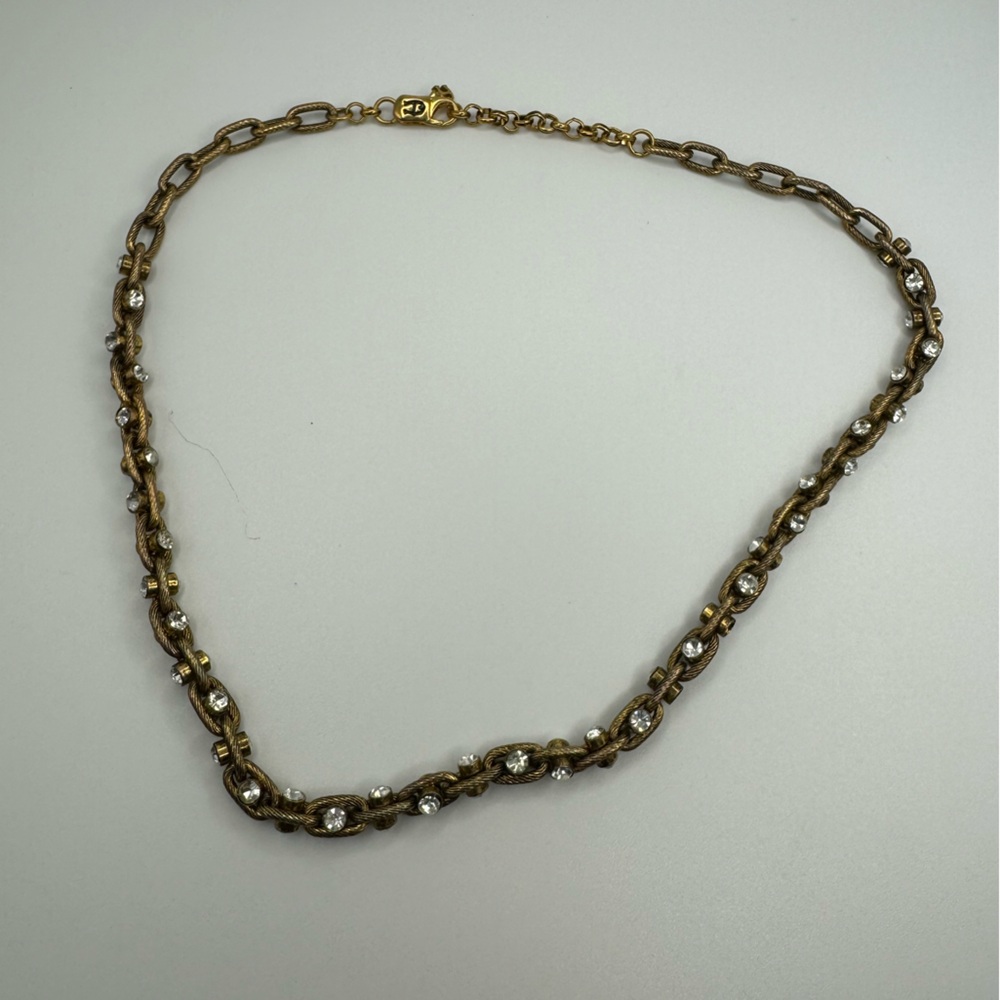 Vintage Etienne Aigner Antique gold and rhinestone chain necklace